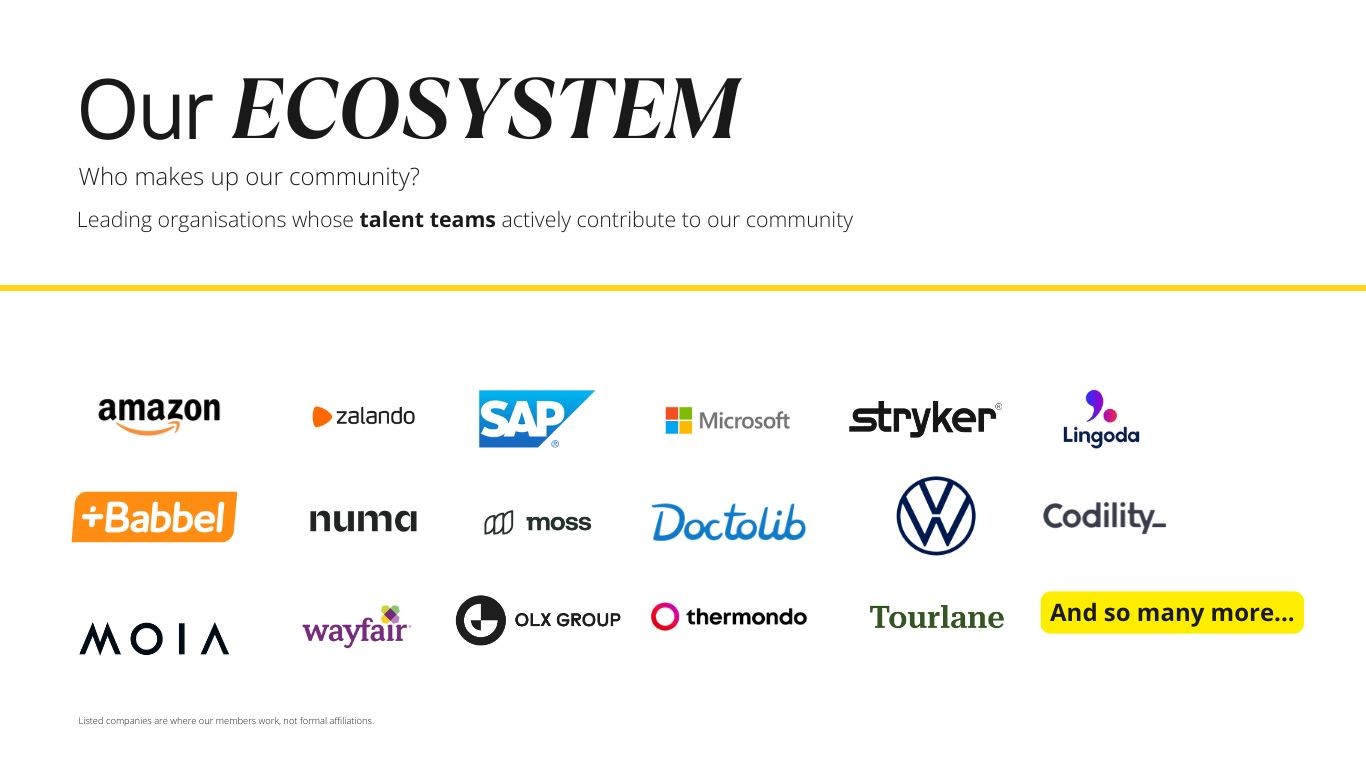 Our ecosystem — leading organisations whose talent teams contribute to the Talent Crunch community: Amazon, Zalando, SAP, Microsoft, Stryker, Lingoda, Babbel, numa, Moss, Doctolib, VW, Codility, MOIA, Wayfair, OLX Group, thermondo, Tourlane and many more.